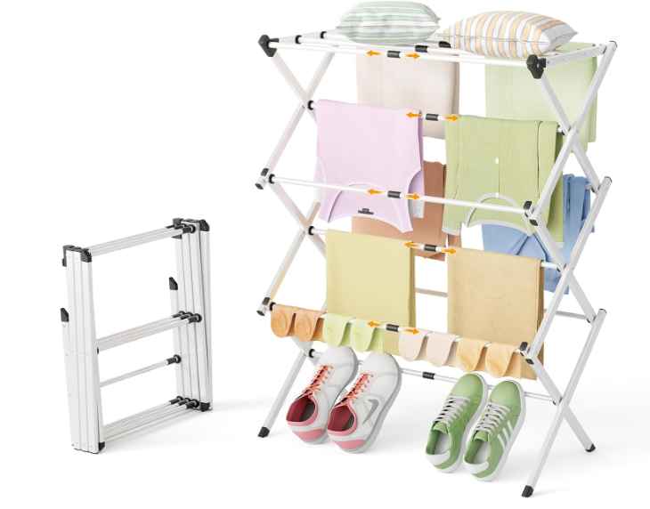 Foldable Clothes Drying Rack - 3-Tier Laundry Drying Rack, Collapsible Metal Indoor Airer, Portable X-Type Clothing Dryer with Shoe Hanger for Home & Balcony (No Assembly Required)