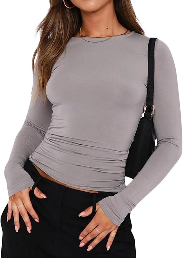 Long Sleeve Shirts for Women - Casual Y2K Printing Crop Tops Crewneck Slim Fit T-Shirt Tees (Gray, S)