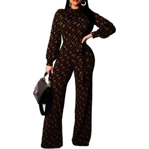 Jumpsuit for Women Sexy Elegant Long Straight Pants Cocktail Printing Jumpsuits Party Club with Zipper (3X-Large, Brown)