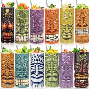 SuproBarware Tiki Mugs Set of 12 - Large Cocktail Tiki Glasses Hawaiian Party Cute Exotic Cocktail Glasses Hawaiian Ceramic Mug