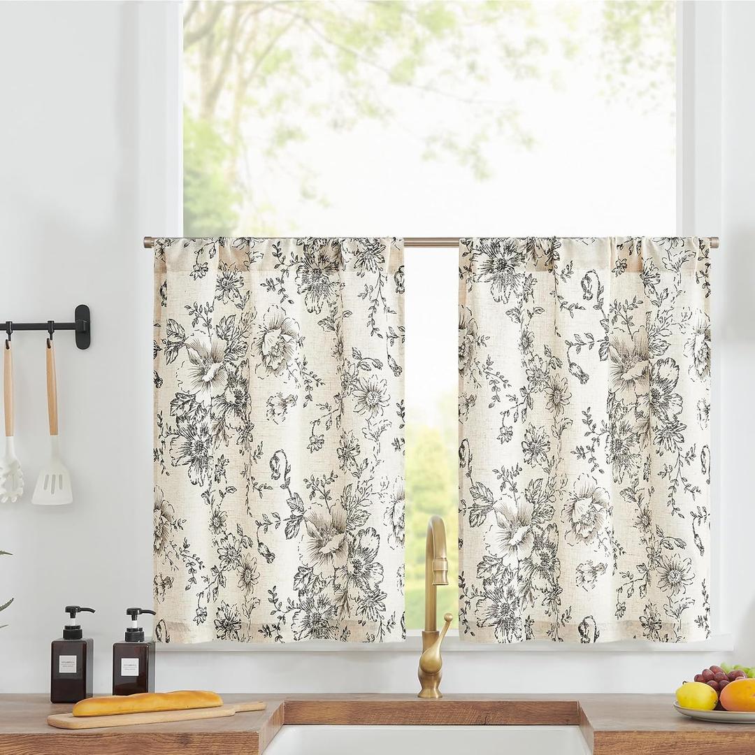 jinchan Linen Kitchen French Floral Tier Curtains 30 Inch Farmhouse Vintage Cafe Small Window Rustic Half Window Curtains for Living Room Bathroom 2 Panels Black on Beige