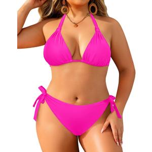 Women Plus Size Bikini Set - Two Piece Triangle Swimsuits Halter String Bathing Suit 2026 Tie Swimwear Hot Pink 16 Plus