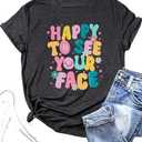 ALLTB First Day of School Shirt Happy to See Your Face Shirts Women Back to School T-Shirt Teacher Life Tee Tops, Small