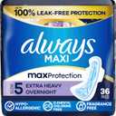 Always Maxi Overnight Pads with Wings for Women, Size 5, Extra Heavy Overnight Absorbency, Unscented, 36 Count