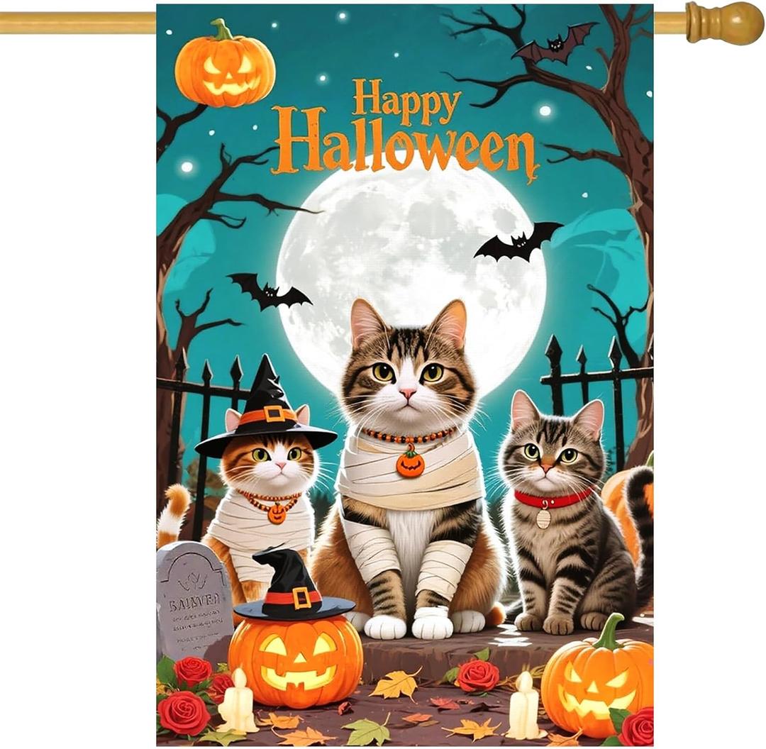 IVN Halloween Cat Garden Flag 28 x 40 Inch Double Sided House Flag with Moon Pumpkin and Bat Design for Spooky Outdoor Porch Decor
