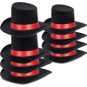 8 Pieces Snowman Hats for Crafts Black Felt Mini Top Hats with Red Ribbon Christmas Party Decor for Snowman Doll Craft DIY