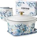 CAROTE 5 QT Cast Iron Dutch Oven Pot with Lid, Enameled Floral Dutch Ovens with Cotton Potholders & Oven Gloves, Gift Box, Cast Iron Pot for Sourdough Bread Baking, Braising, Stews, Roasting, Dual Handles, All Stovetop Compatible, Oven Safe up to 500 F, White & Blue