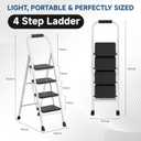 4 Step Ladder, Folding Step Stools with Safe-Lock Design & Handrail, Step Stool Foldable with Anti-Slip Pedal and Feet, Sturdy Steel Ladder for Multi-Purpose, 800lb, White