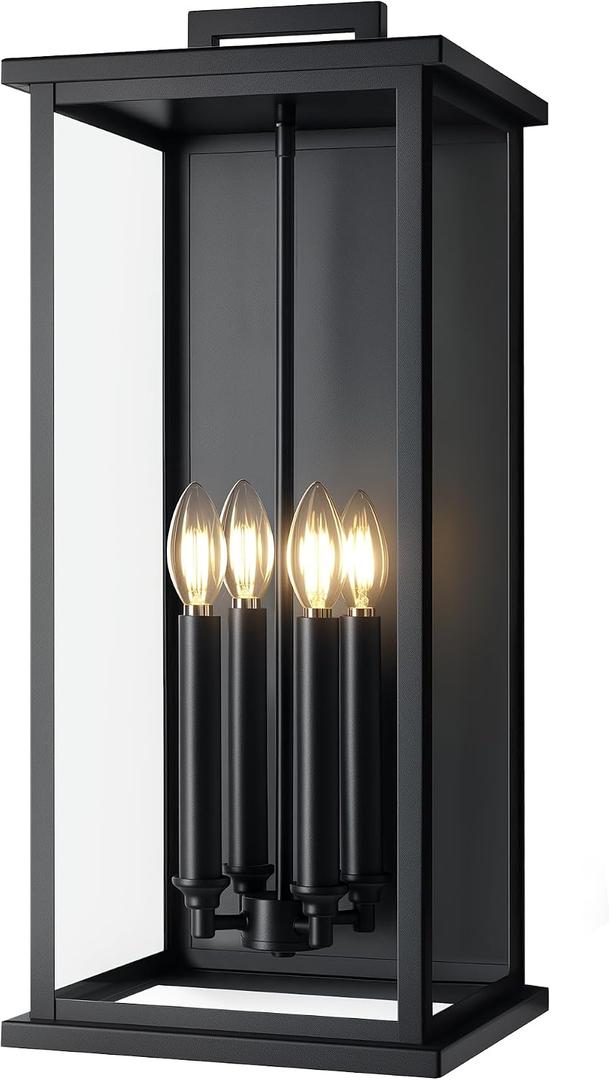 Extra Large Black Outdoor Light Fixtures Wall Mount,Modern Outdoor Wall Lantern,Exterior Porch Garage Light, Outside Sconce for House,Entryway with Thick Glass Shades & E12 Base, 1, 23.7 Inches, No Sensor