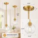 Gold Pendant Light, 7 Inch Clear Glass Farmhouse Hanging Fixture, Adjustable Height & Sloped Ceiling Compatible for Kitchen Island Dining Room Entryway Bedroom Hallway, 2 Pack
