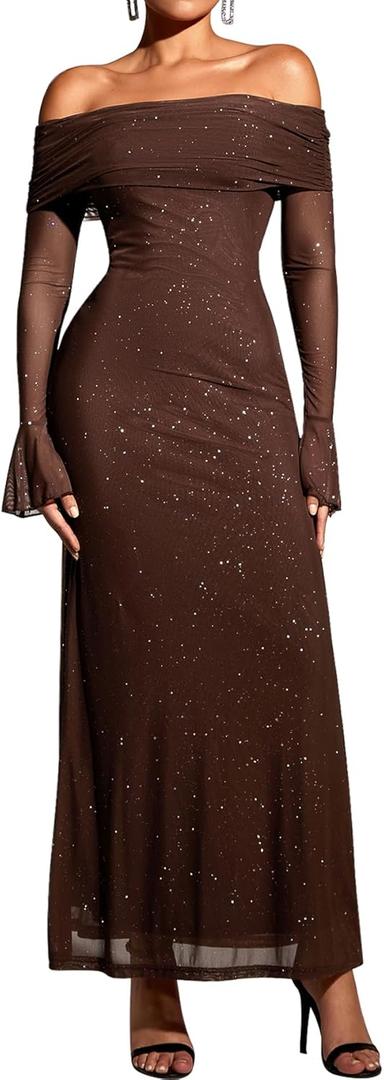 KUTUMAI Women Off Shoulder Bodycon Maxi Dress Long Sleeve Mesh Ruched Party Formal Wedding Guest Dresses (Small, Sequin Brown)