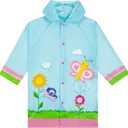 Puddle Play Kids Lightweight Rain Outwear Slicker, Hooded and Waterproof - Light Blue Garden and Butterfly Design Jacket - Size 4-5 Years
