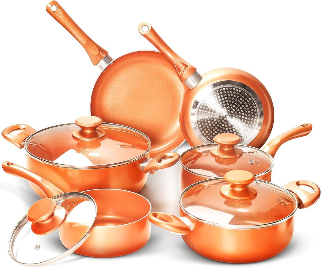 FRUITEAM 10pcs Cookware Set Ceramic Nonstick Soup Pot/Milk Pot/Frying Pans Set | Copper Aluminum Pan with Lid, Induction Gas Compatible, Mother's Day Gifts for Wife