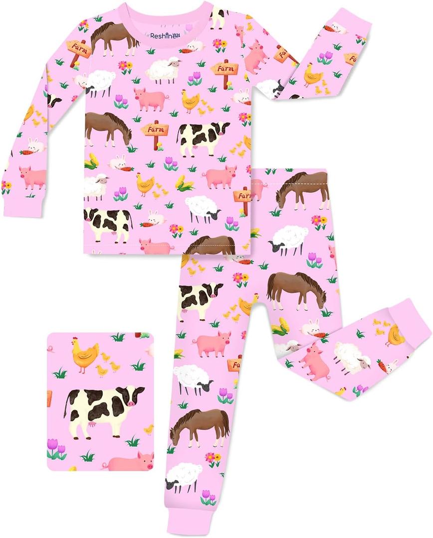 Bamboo Viscose Toddler Girls Kids Pajama Sets 12M-8Y Snug fit Long-Sleeve Softness Sleepwear Pjs 2pcs Jammies (12-18 Months, Pink Barnyard)