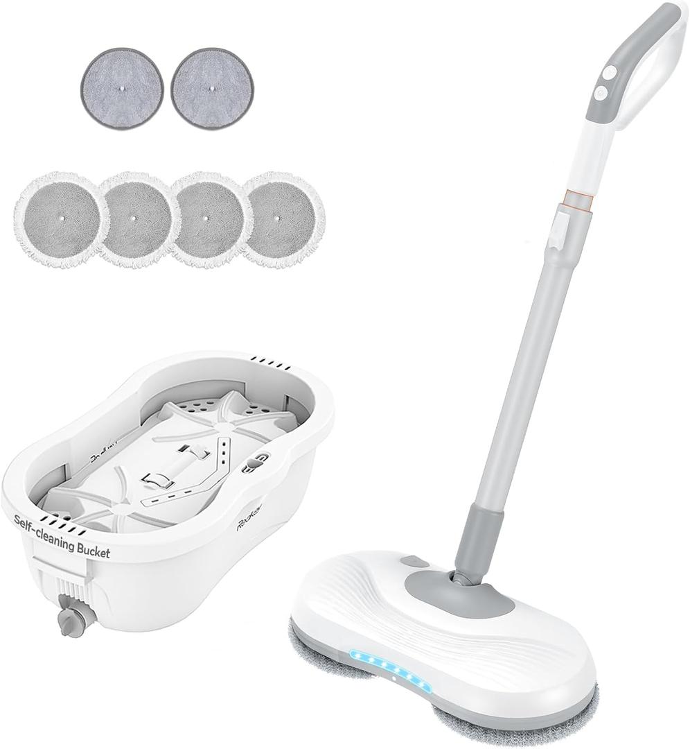 Redkey M1 Electric Spin Mops with Self Cleaning Bucket, Cordless Electric Spin Mop with LED Headlight & Water Sprayer, 60Min Runtime, Electric Mop for Hardwood/Tile Floor Cleaning and Polisher, 6 Pads