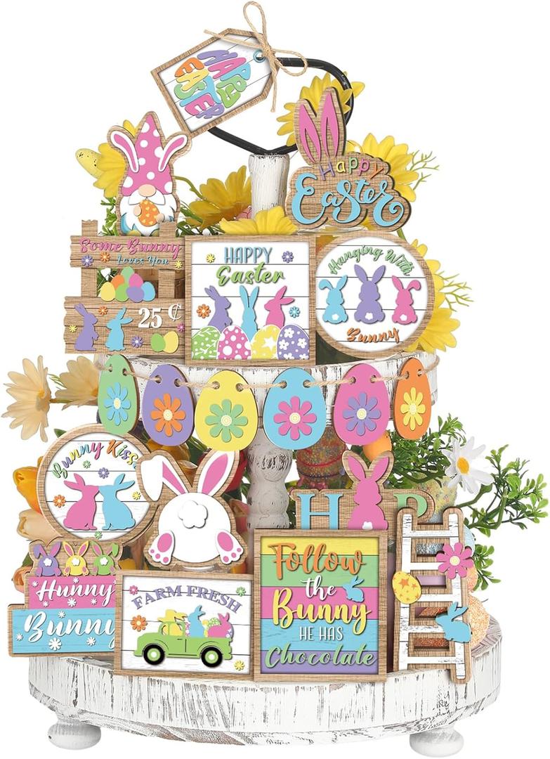 Ziliny 19 Pcs Easter Bunny Tiered Tray Decor Spring Easter Egg Wooden Centerpiece Signs Colorful Easter Wooden Sign Bunny Gnome Sign Trays for Home Farmhouse Rustic Decor