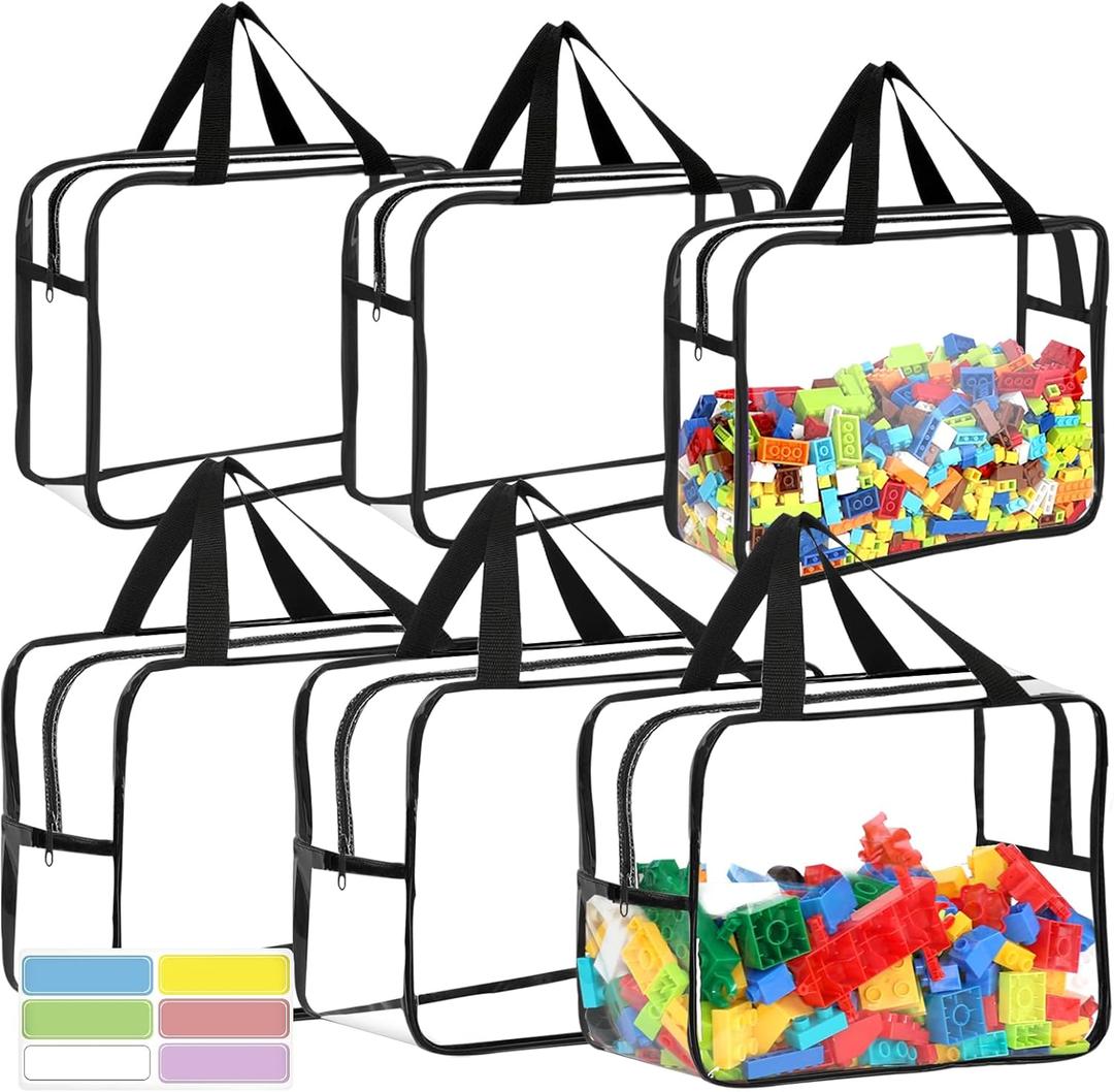 6 Packs Large Toy Storage Bags with Labels, Reusable Clear PVC Board Game Storage, Travel Waterproof Organizer Bags with Zipper for Building Blocks, Puzzle, Kids Books(3 large & 3 Extra Large) (Black)