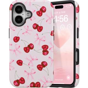 DEFBSC Case for iPhone 16, Cute Pink Bow Cherry Print Aesthetic Trendy Pattern for Women Girls Slim Durable Bumper Shockproof for iPhone 16 Case, Pink Ribbon/Glossy