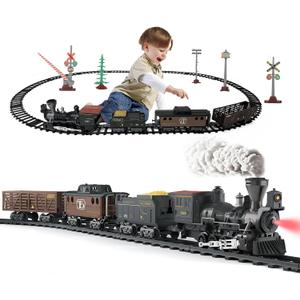 Classic Model Train Set Toy with Steam and Sound, Electric Train for Under The Trees, Cargo Car for Boys & Girls 3 4 5 6 7 Years