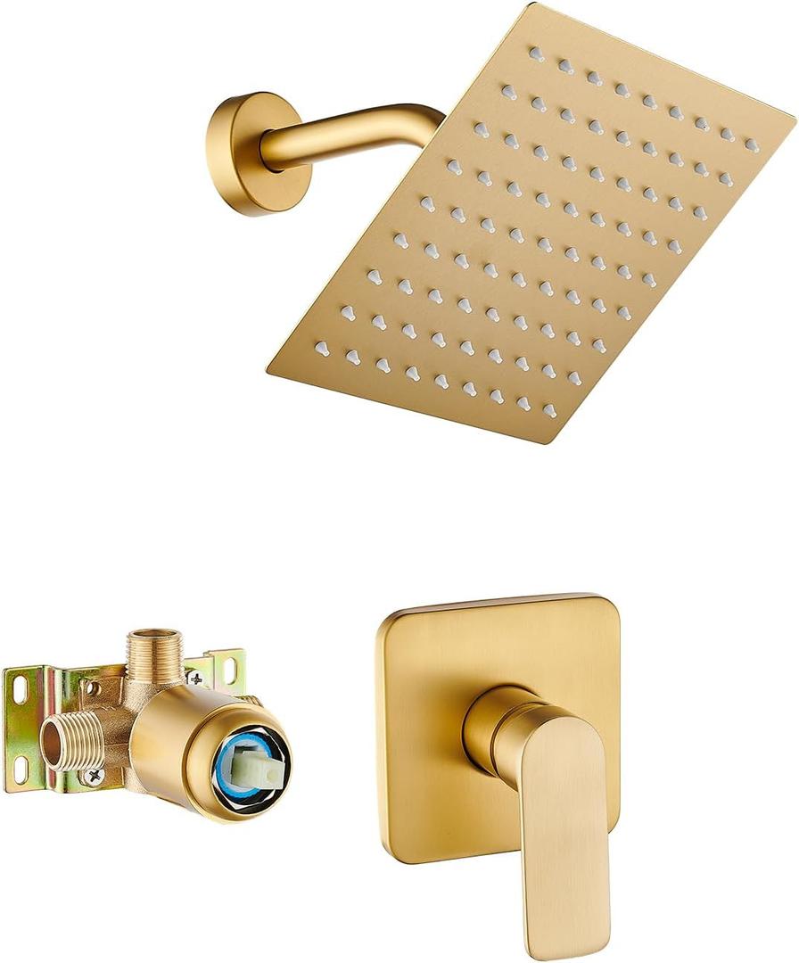 Brushed Gold Shower Faucet Single Function Trim Kit with Rough-in Valve Set Bath Rainfall Shower System 8inch Square Stainless Steel Metal Shower Head