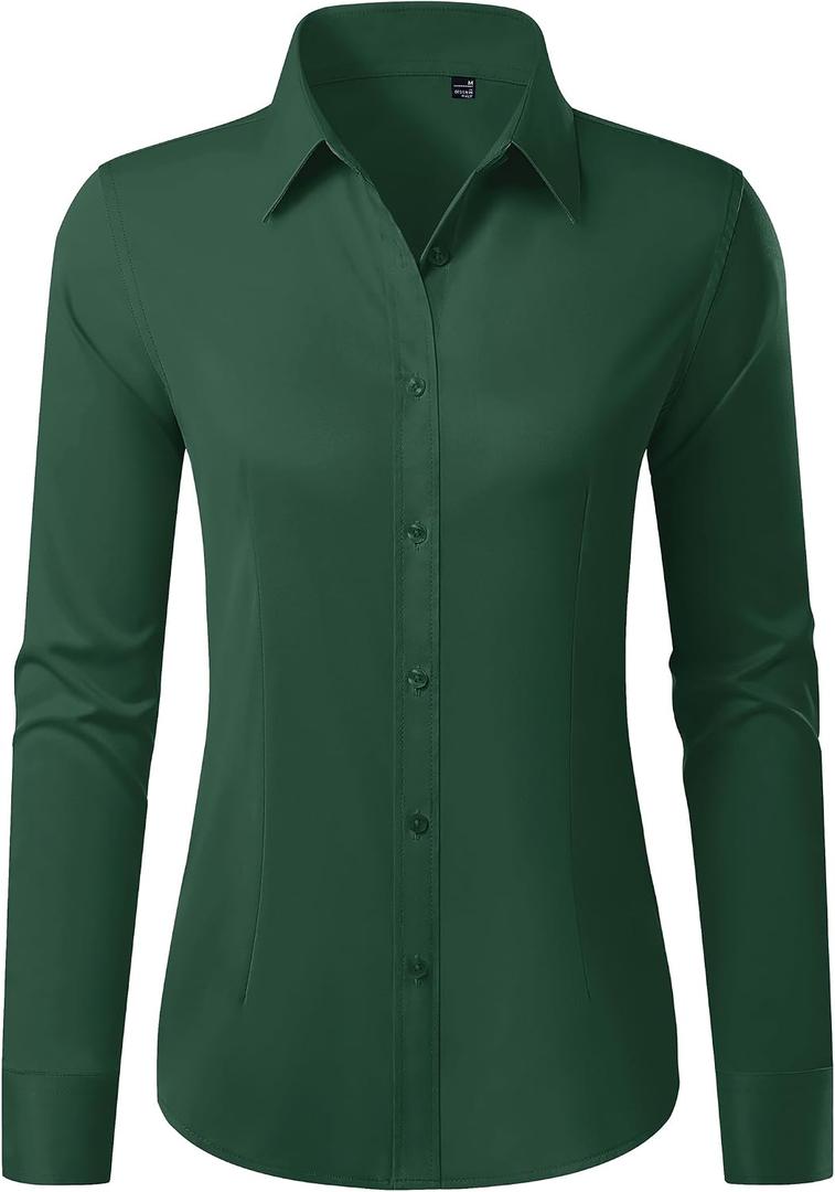 Button Down Shirts for Women Stain Shield Dress Shirt Wrinkle Free Classic Fit Long Sleeve Casual Business Work Blouse (Green, S)