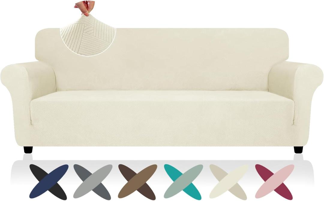 ZNSAYOTX Oversized Super Stretch Couch Cover (92"-115"), New Striped Sofa Covers Comfortable & Durable, Dog Cat Pets Friendly Extra Large Spandex Sofa Slipcovers (Beige, XL Sofa)