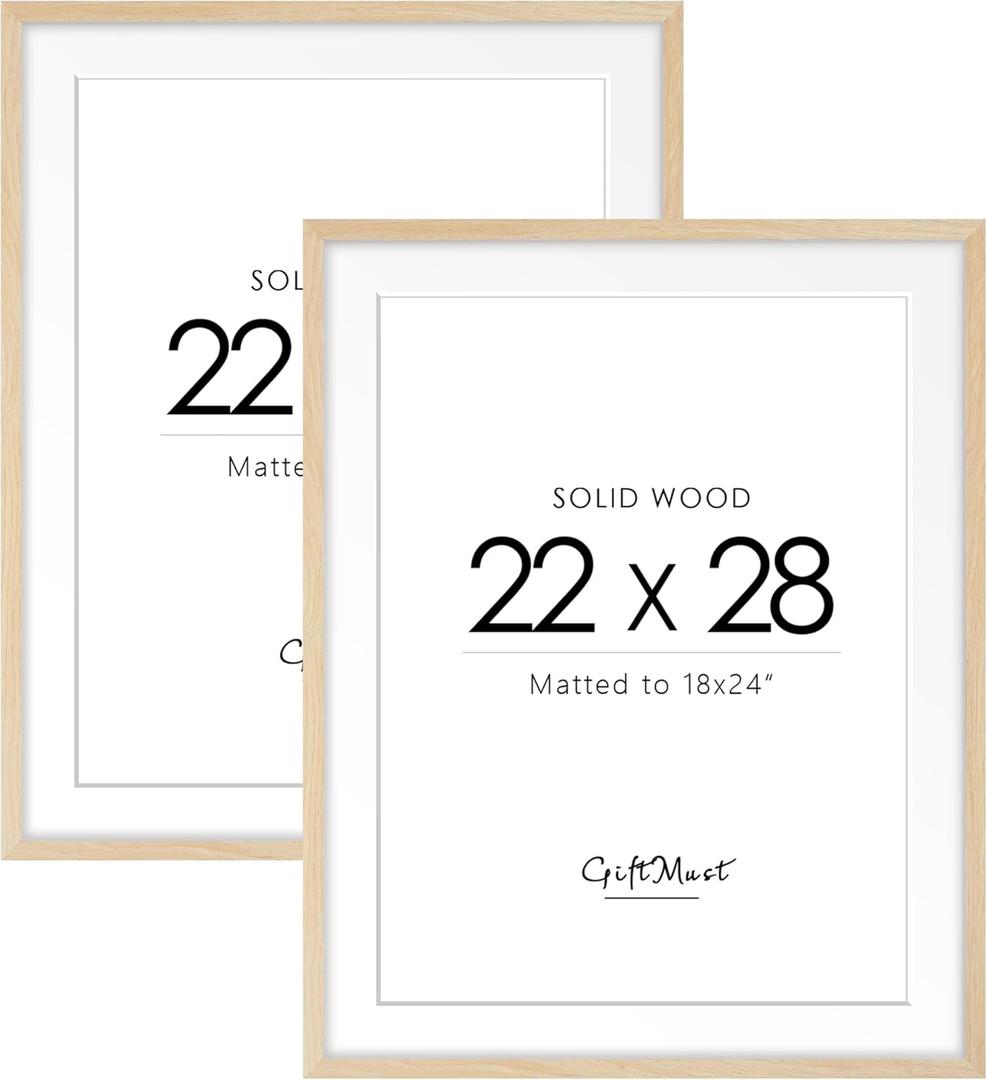 22x28 Wood Poster Frame Set of 2, Display picture 18x24 with mat or 22x28 without Mat, Wall Gallery Frame and Wide Photo Frame for Wall Display-Oak Wood Grain