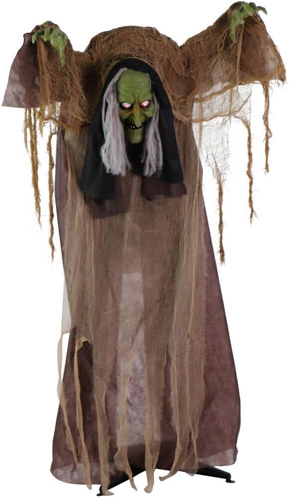 Haunted Hill Farm Talking Hunchback Witch, Halloween Animatronic with Movement and Lights for Battery Operated Scary Indoor or Covered Outdoor Halloween Decorations, Creepy Halloween Prop