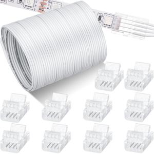10 Pcs LED Strip Connectors 32.8ft RGB Extension Cable Wire Cord Kit Transparent Solderless Track Lighting Connector for Waterproof or Non Waterproof LED RGB Strip Light (4 Pin, 10 mm)