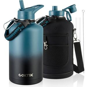 COKTIK 84oz Insulated Water Bottle - Stainless Steel Vacuum Metal, Portable Gallon Large-Capacity Sports Bottle with Straw, Carry Bag and Handle Strap, Ideal for Gym & HikingDark Night)