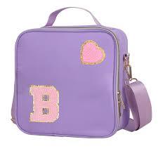Insulated Nylon Lunch Box for Girls, Kids, and Women-Stylish Pink Preppy Large Lunch Bag with Adjustable Strap and Chenille Letter 'C', Tote for School, Travel, and Picnics-Ideal Preppy Stuff Choice