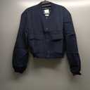 womens Cropped Bomber Jacket Button Down Varsity Jackets Shackets With Pockets (Medium, Navy Blue)