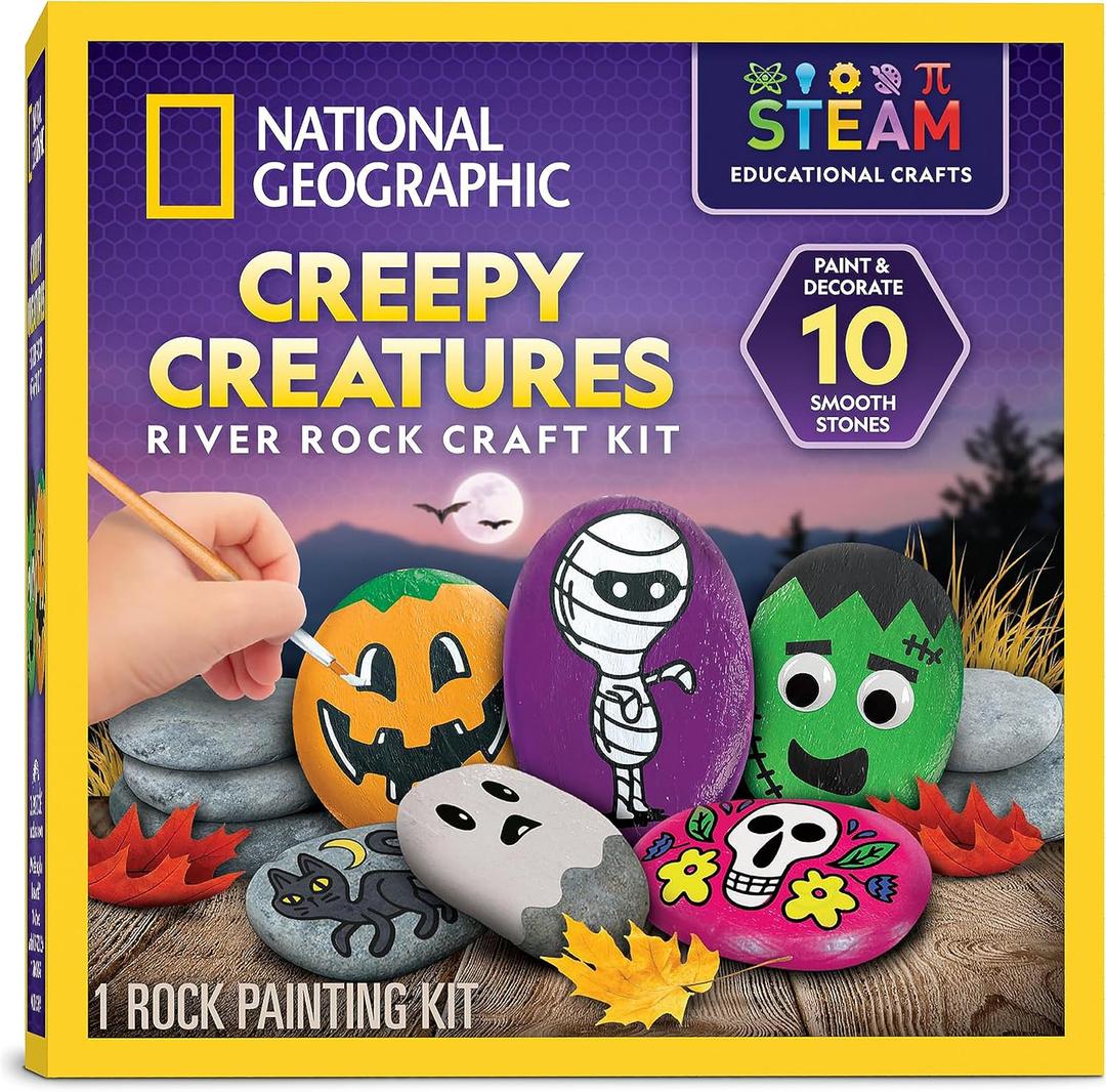 National Geographic Creepy Creatures Rock Painting Kit - Halloween Arts & Crafts Kit for Kids, Decorate 10 River Rocks with 10 Paint Colors & More Spooky Art Supplies, Halloween Gifts for Kids, One Size