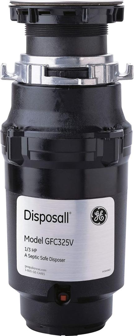 GE Disposall Continuous Feed 1/3 Horsepower Motor Garbage Disposer, Good for Grinding: Cooked Pasta & Fruit Peels, Easy Install Kit & Power Cord Included, Recommended for 1-2 Person Homes, GFC325N