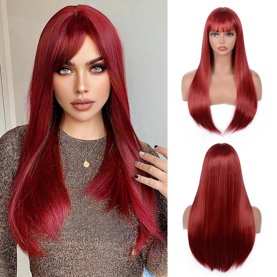 Red Wig with Bangs for Women  Long Straight Heat Resistant Synthetic Wig for Daily Use, Party, Halloween, Cosplay  24 Inch Red Wig for Girls
