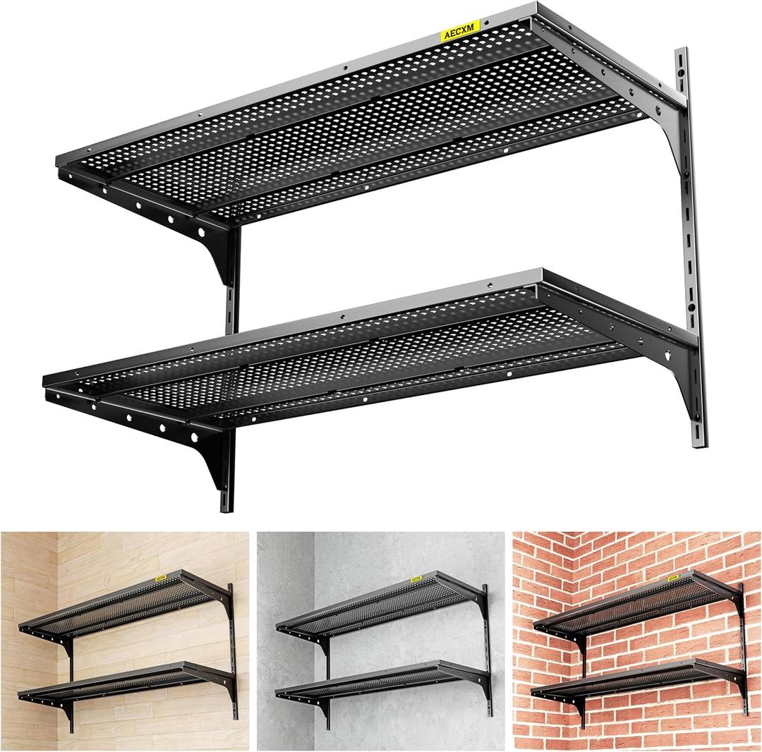 1pack2 Tier 1.3x3ft Garage Shelving Wall Mounted, 400 lbs Load Capacity,15.6x36inch per Shelf Height Cassette Adjustable Floating Shelves, Black