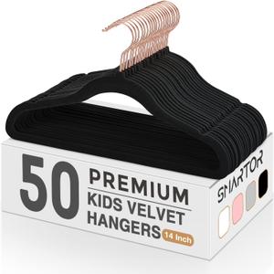 Smartor Kids Velvet Hangers 50 Pack, 14'' Inch Premium Non Slip Kids Felt Hangers for Closet, Space Saving Toddler Clothes Hanger for Youth's Childrens' Clothes (Rose Gold Hook)- Black