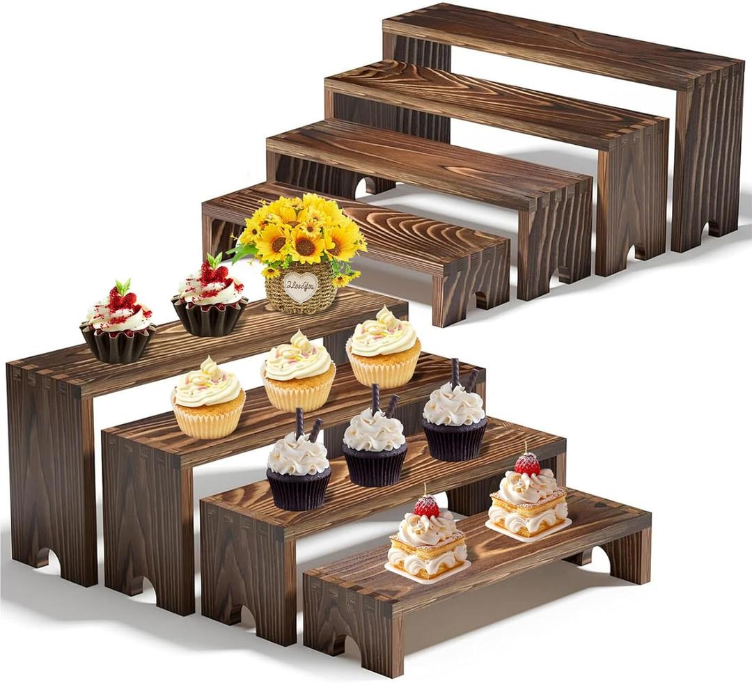 2 Set Stackable Wooden Cupcake Stand Tiered Riser Display Stands for Vendor Events Vendor Booth Display Items Farmhouse Decor Wood Dessert Table Display Set (Dark Brown, 2Pack)