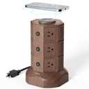 Power Strip Tower with 15W Wireless Charger, SUPERDANNY 1050J Surge Protector Tower 13A Charging Station with 12 AC Outlets & 6 USB Ports (2 USB C), 6.5ft Extension Cord for Home Office, Wood Grain