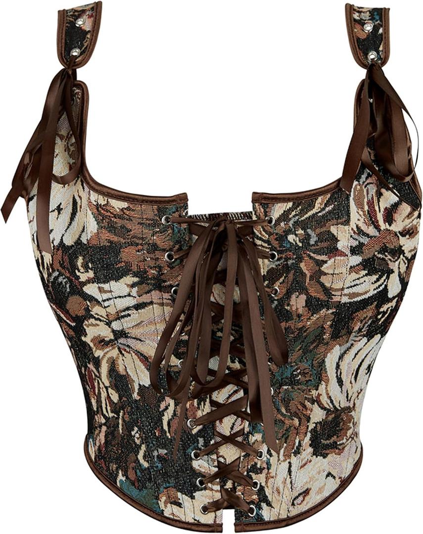 IZUS Women Renaissance Bustier-Corset-Tops Vintage Lace-up Floral-Jacquard Bodice Push-Up Shapewear-Crop-Top, L