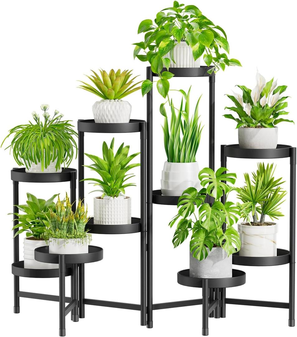 iDavosic.ly Plant Stand Indoor Outdoor, 10 Tier Corner Metal Flower Display Holder Shelf, Easy Assembly Folding Tall Orchid Rack for Patio Balcony Porch Garden Living Room House, Black