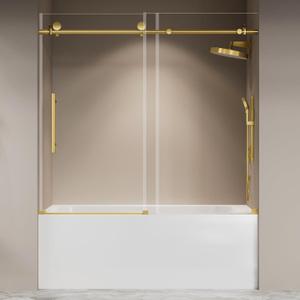 Frameless Bathtub Shower Door 56"-60" W X 59" H,Glass Shower Doors for Tub,Sliding Bathroom Tub Glass Door with Explosion-Proof Film,5/16" (8mm) Clear Tempered Glass,Stainless Steel Frame,Sturdy,Gold