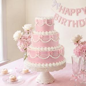 Cinnvoice 3-Tier Pink Bow Fake Cake 4" 6" 8" Coquettish Birthday Faux Cake Decor Wedding Dessert Props Reusable for Women Birthday Gift Back to School Photography Party, Non-detachable