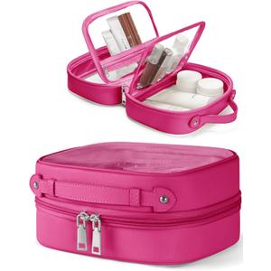 Clear Cosmetic Bag Double Layer Travel Toiletry Bag Clear Makeup Bag Case with 4 Compartments, Transparent Travel Bag for Toiletries, Large Toiletry Bag for Women Cosmetic Case (Hot Pink, Small)