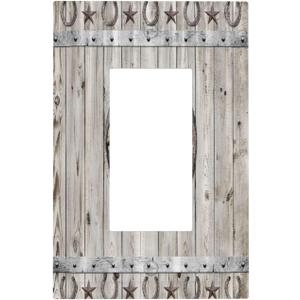 Rustic Western Wood Barn Door Horseshoe Iron Star 1 Gang Rocker Light Switch Covers Single Decora Outlet Wall Plate Decorative Switchplate Faceplate GFCI for Farmhouse Country Bedroom Decor
