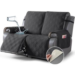TAOCOCO 100% Waterproof Loveseat Recliner Cover, Non Slip Split Recliner Couch Cover with Elastic Straps, Washable Reclining Sofa Cover Furniture Protector for Kids, Pets(2 Seater, Charcoal Gray)