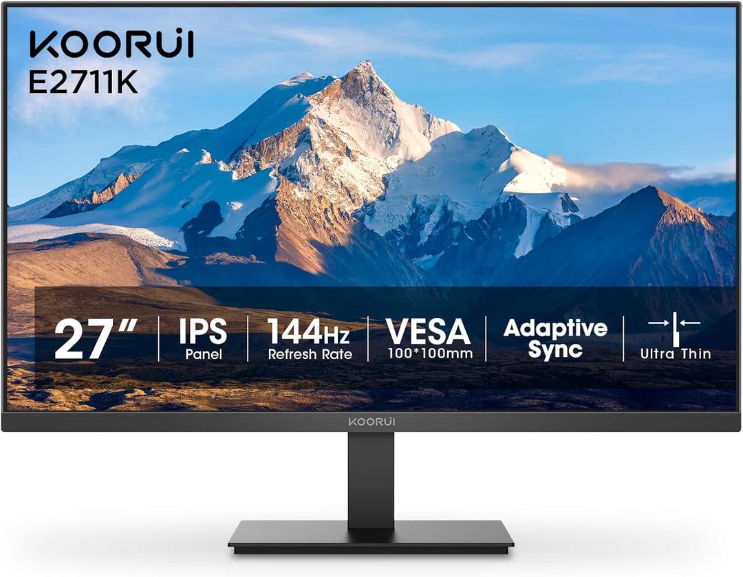 KOORUI Monitor, 27 Inch Gaming Office Monitor, Eye-Care IPS FHD 1080P 144Hz Computer Screen with HDMI VGA, Slim Bezels, Freesync, Ergonomic Tilt, VESA Mountable, Black