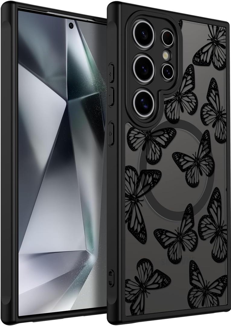 SEXYMOM Magnetic for Samsung Galaxy S24 Ultra Case - Wireless Charging Compatible,Cute Floral Design for Women and Girls,Slim Fit Translucent Matte Phone Case - Little Butterfly