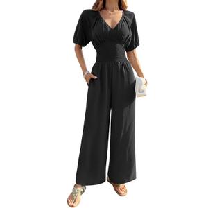 BB&KK Women's Summer Jumpsuit Dressy Short Sleeve V-Neck Smocked High Waist Wide Leg Pants One Piece Romper with Pockets (Black), Small