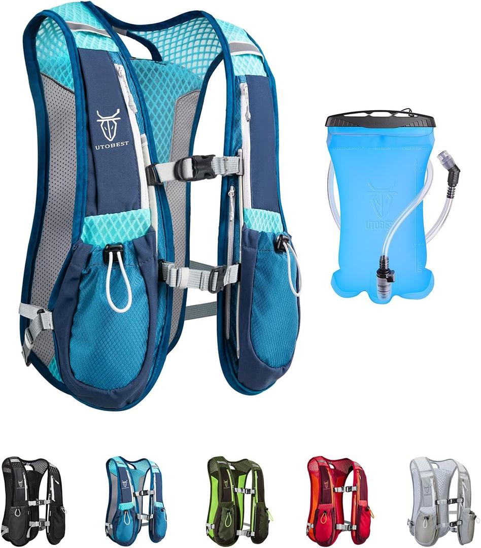 UTOBEST Running Vest, 5L Hydration Vest Lightweight, Breathable and Sweatproof Running Backpack, Adjustable Running Hydration Vest for Trail Running Marathon Race Jogging Cycling (Blue Vest 5L with 1.5L Bladder)